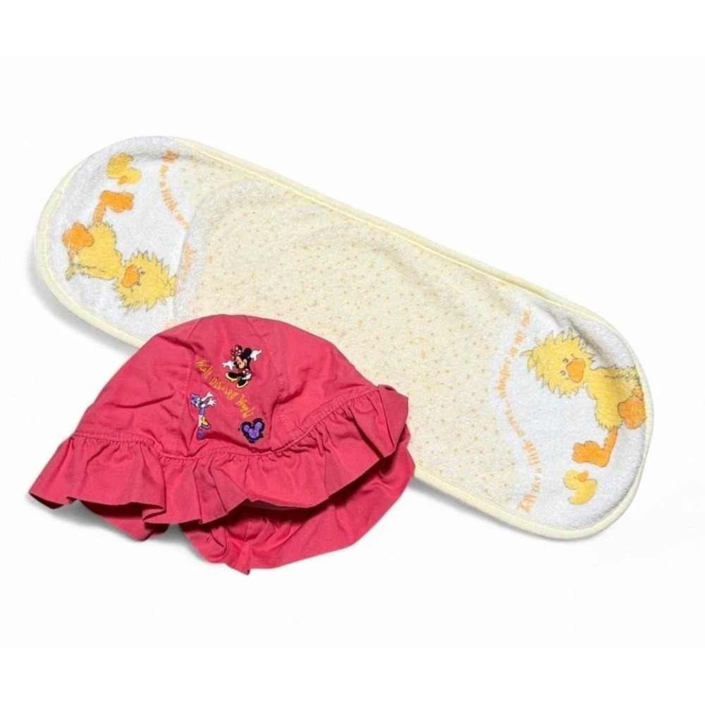 Vintage Disney Baby Minnie Mouse Sun Hat & Suzy's Zoo Burp Cloth Infant Set